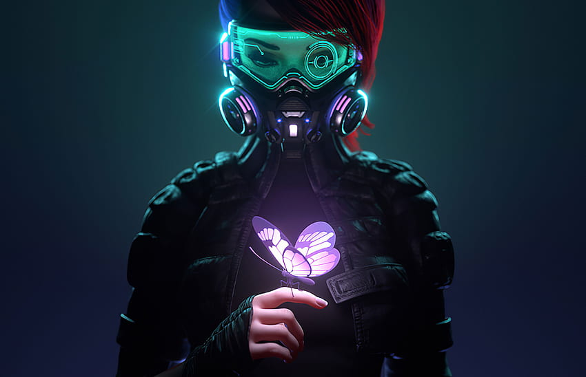 สาว Cyberpunk ในหน้ากากป้องกันแก๊สพิษมองไปที่ผีเสื้อเรืองแสงที่เกาะอยู่บนนิ้วของเธอ , ศิลปิน , , พื้นหลัง และ , Girl With Mask วอลล์เปเปอร์ HD