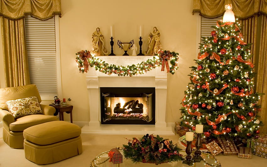 Modern Christmas Home Fireplace Christmas Tree Gifts HD wallpaper