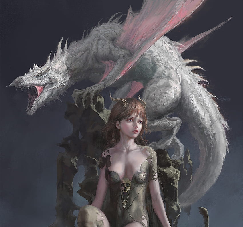 Girl and dragon, fantasy, art, white, zhang shu, dragon, girl HD wallpaper