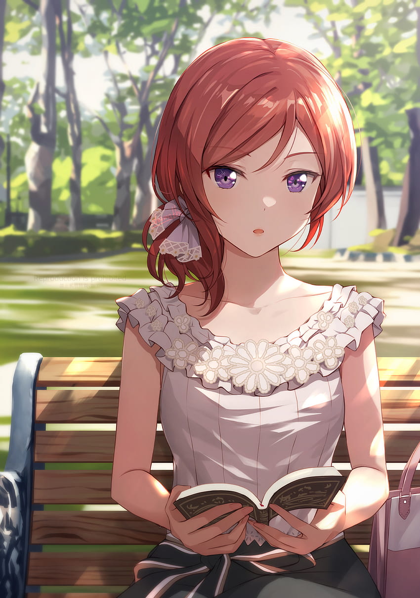 Anime Anime Girls Love Live Love Live Series Nishikino Maki Shamakho Redhead Park Reading - Resolução:, Anime Girl Reading Papel de parede de celular HD