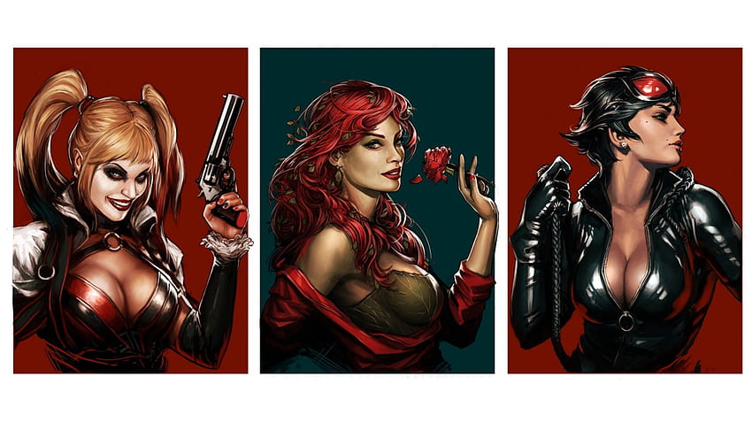 Harley Quinn - Hiedra Venenosa - Catwoman, Harley Quinn, DC Comics, historietas, Hiedra Venenosa, personajes, ilustraciones, Catwoman fondo de pantalla