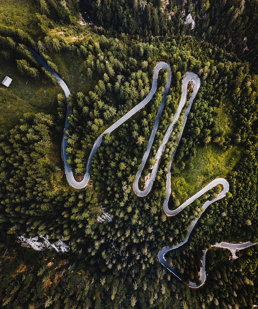 Curvy road, highway, greenfield, aerial view HD phone wallpaper