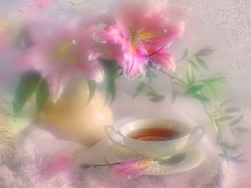 Aromatic tea, tea time, tea, aromatic, vase, beautiful, nice, still life, pink, delicate, pretty, flowers, blur, lovely, harmony HD wallpaper
