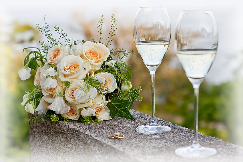 wedding, champagne, graphy, nice, bouquets, holiday, glasses, , beloved, rings, roses, beautiful, love, cool, flowers, harmony, drink HD wallpaper