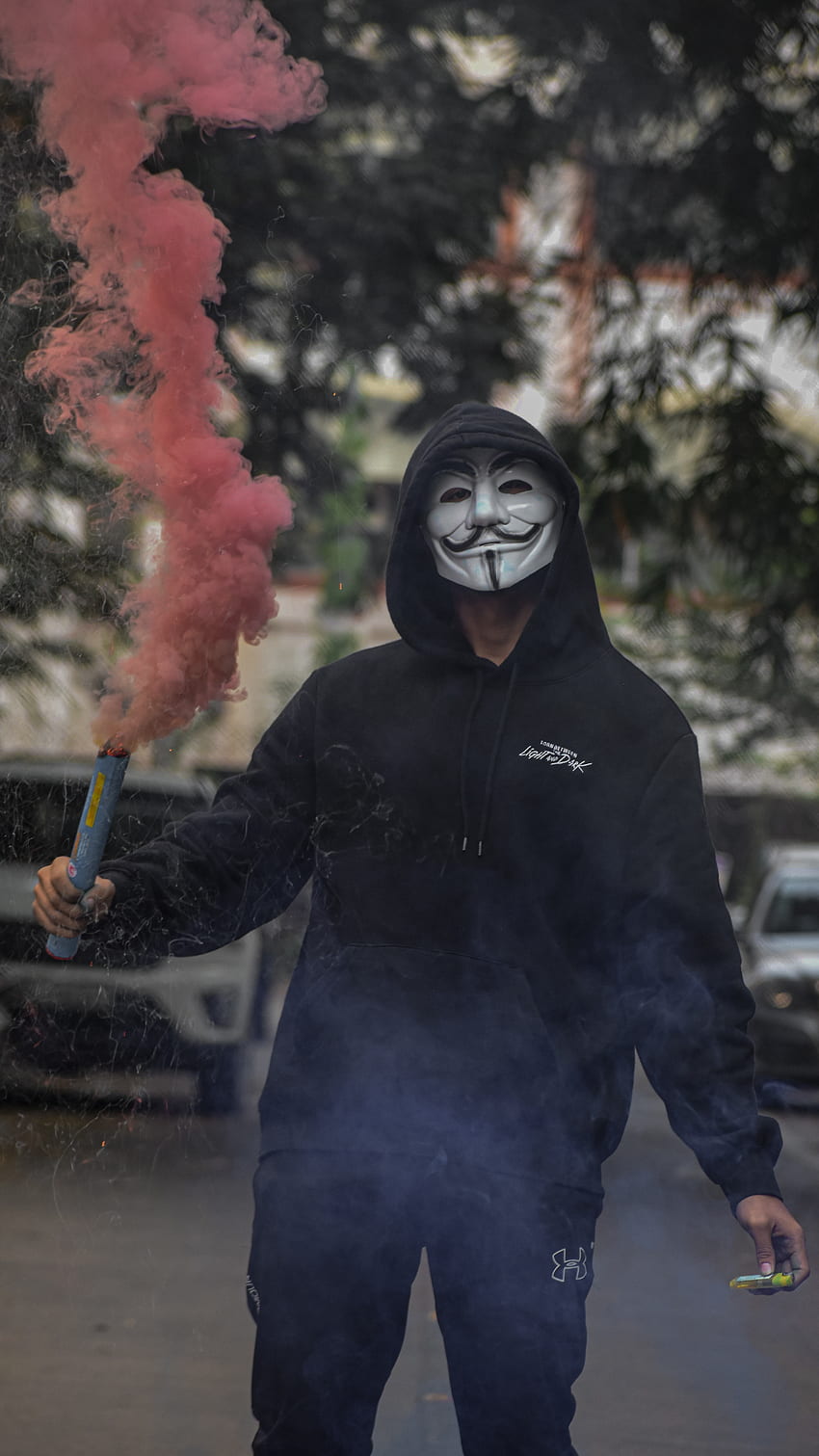 Anonymous Mask, red, halloween, fictional character, black, smoke, whitemask, Hacker HD phone wallpaper