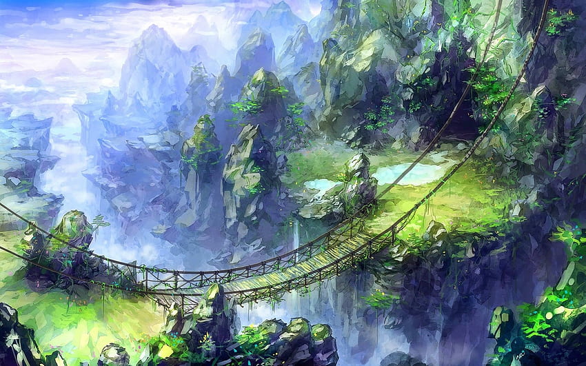 планини, пейзажи, дървета, скали, мостове, фантастично изкуство, произведения на изкуството, въжен мост, мост в джунглата HD тапет