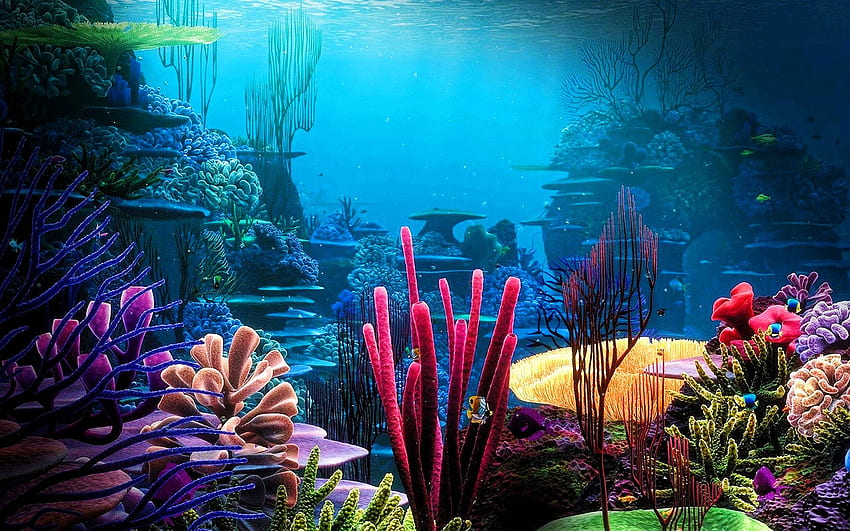 산호초, 3D 아트, 수중 세계, 물고기, 야생 동물, 바다, 해상도가 있는 산호. 고품질, 3D 환경 HD 월페이퍼