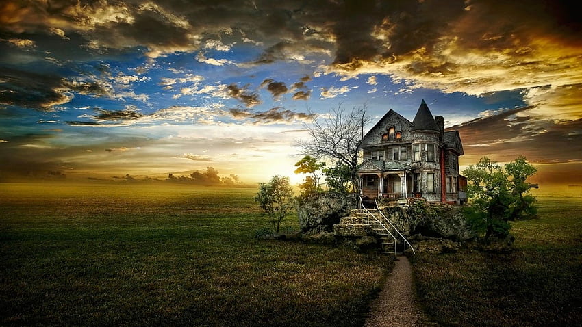 Domy: Nawiedzony dom Rozciągnięty Halloween Chmury Niebo Natura, 1600X900 Tapeta HD