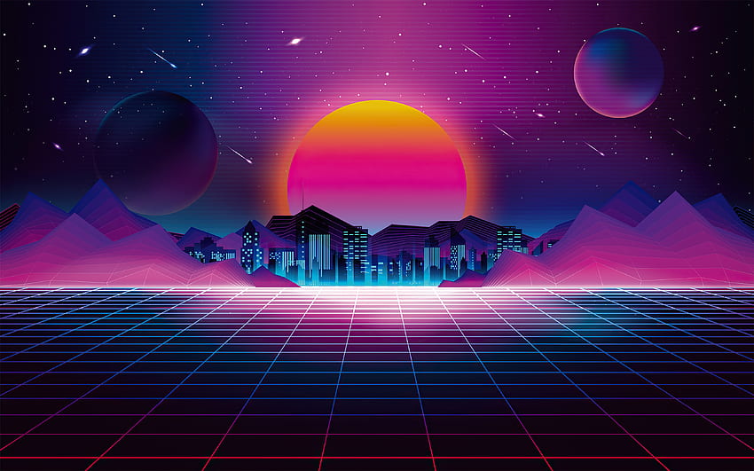 Retro city, sunset, digital art HD wallpaper