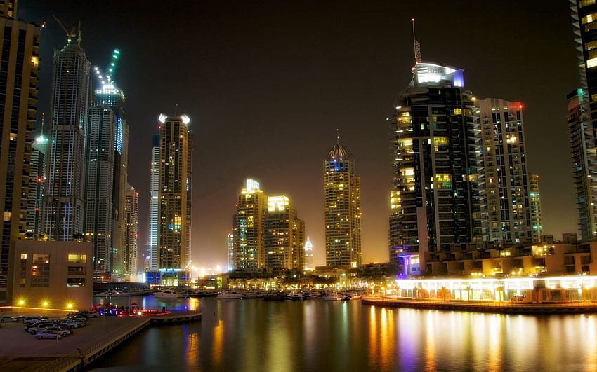 Дубай, градове, море, нощ, сграда, бряг, банка, небостъргачи HD тапет