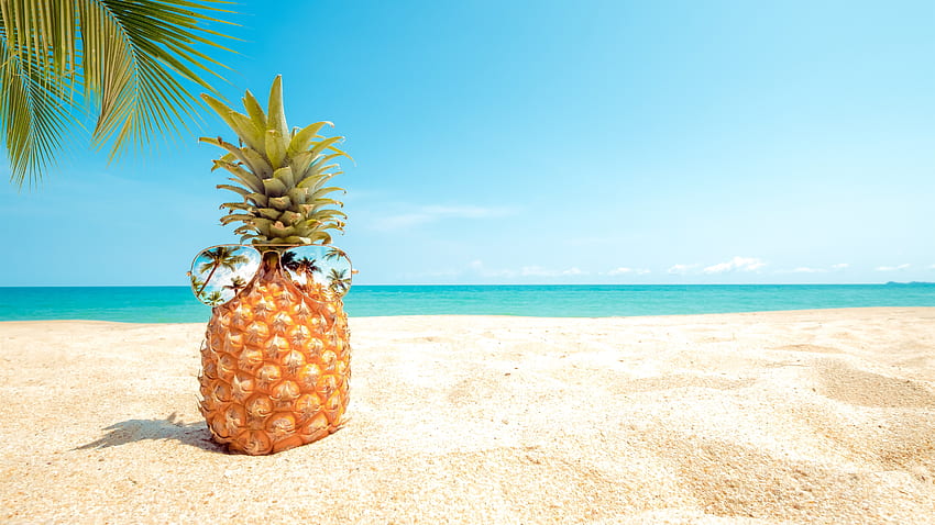 Ananas, occhiali da sole, spiaggia, palme, mare U , Ananas con occhiali da sole Sfondo HD