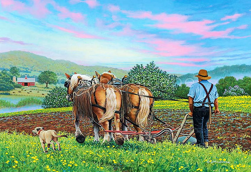 Early Start, man, field, dog, horses, painting, plow HD wallpaper
