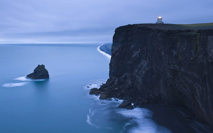 lighthouse over mystical seacoast, mist, sea, lighthouse, cliff, rocks HD wallpaper