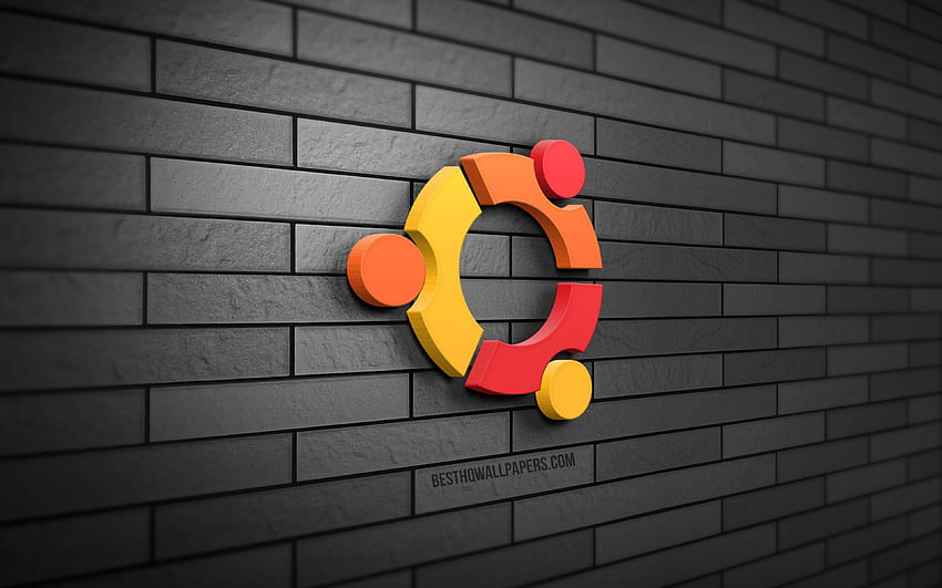 3D лого на Ubuntu, , сива тухлена стена, творчески, Linux, лого на Ubuntu, 3D изкуство, Ubuntu HD тапет