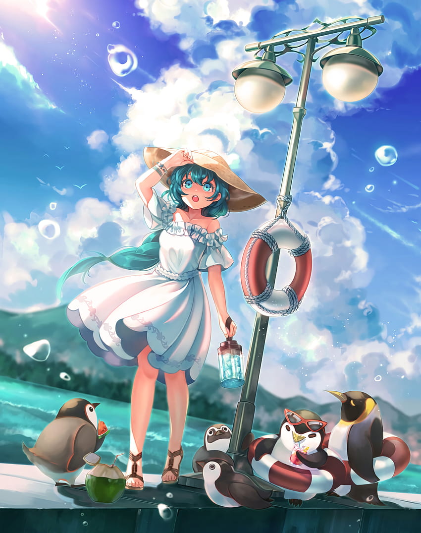 Anime, Pinguins, Art, Girl, Hat, Dress HD phone wallpaper