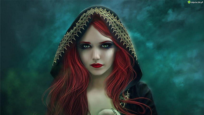Красива червена коса, фантазия, зелено, качулка, червена коса, красива, жена HD тапет
