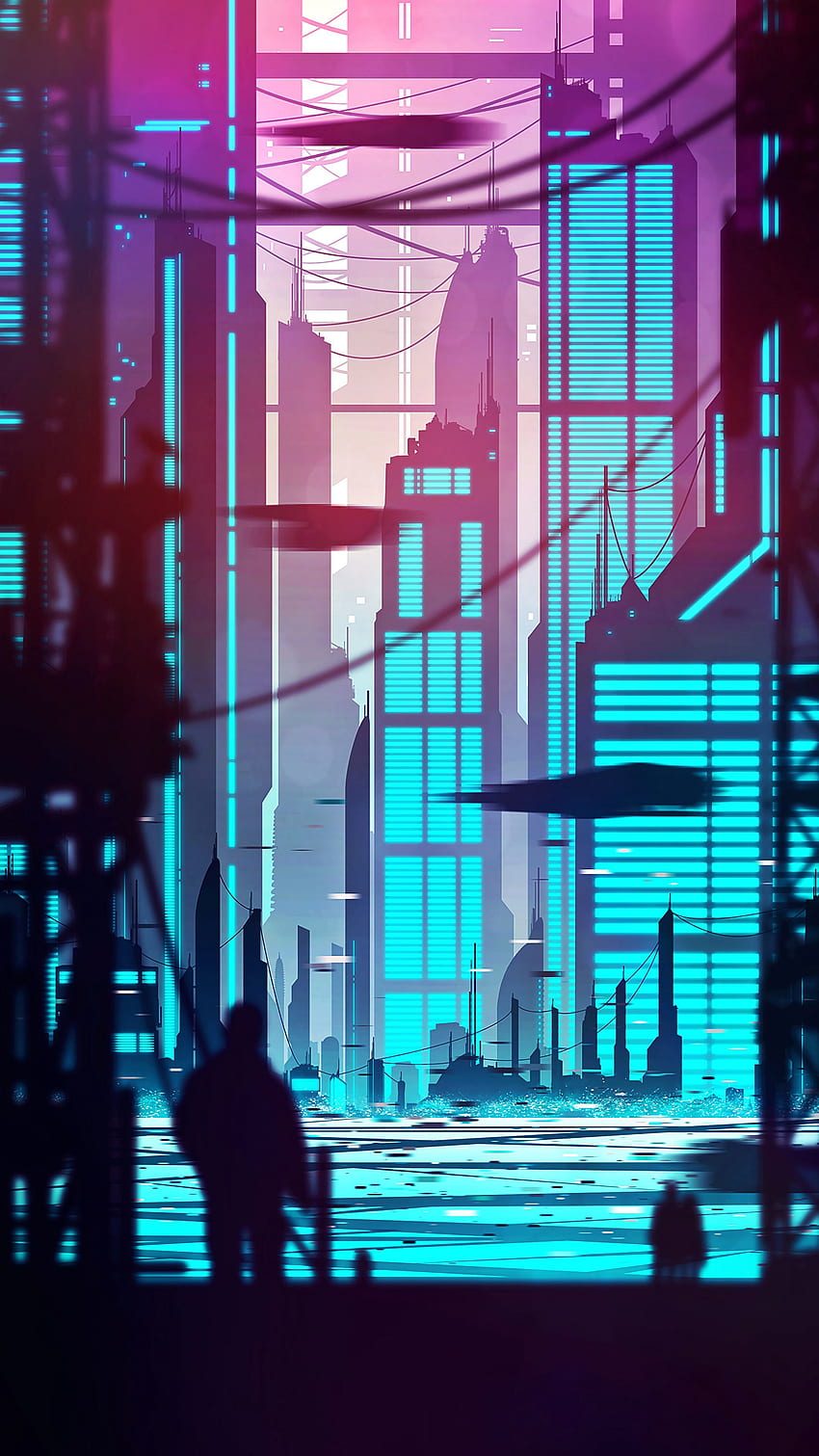 Arte, Ciudad, Edificio, Silueta, Cyberpunk, Contornos fondo de pantalla del teléfono