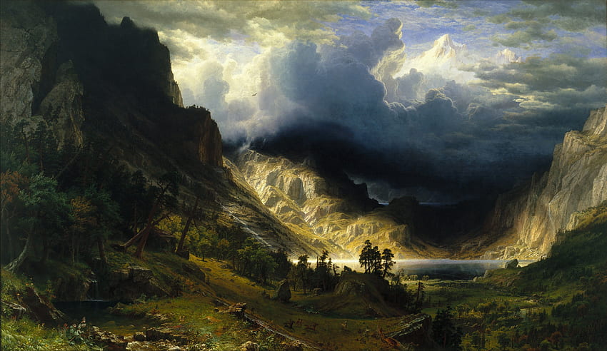 Albert Bierstadt, Natura, Paesaggio, Montagne, Fantasy Art, Pittura, Una tempesta nelle Montagne Rocciose / e per cellulare Sfondo HD