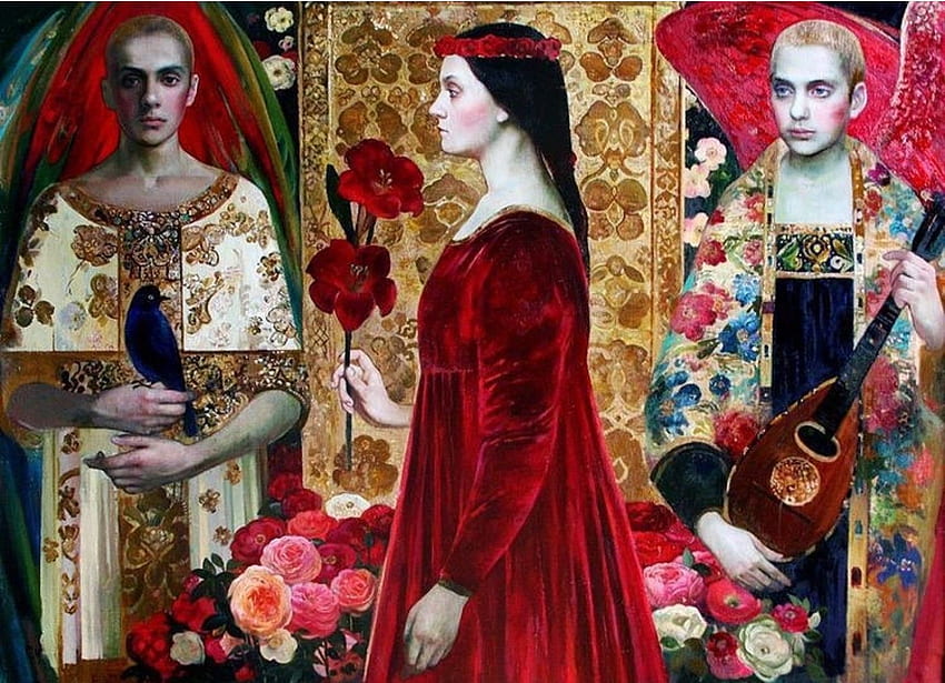 :), girl, olga suvorov, people, woman, art, man, instrument, painting, pictura, red, flower HD wallpaper