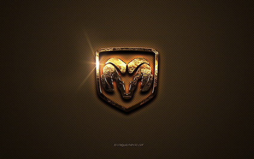 Złote logo Dodge, grafika, brązowe metalowe tło, godło Dodge, kreatywne, logo Dodge, marki, Dodge Tapeta HD