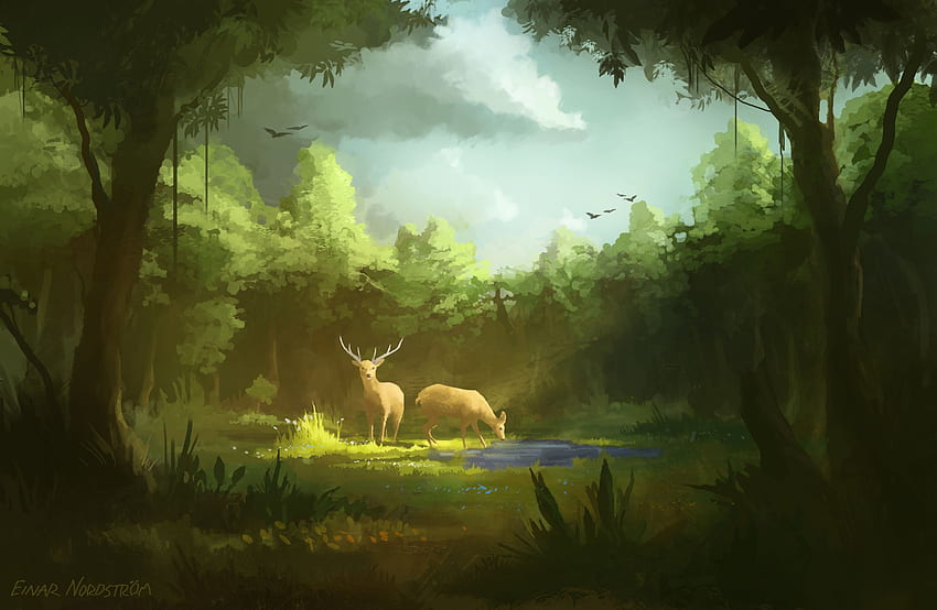Deer, grazing, fantasy, artwork HD wallpaper
