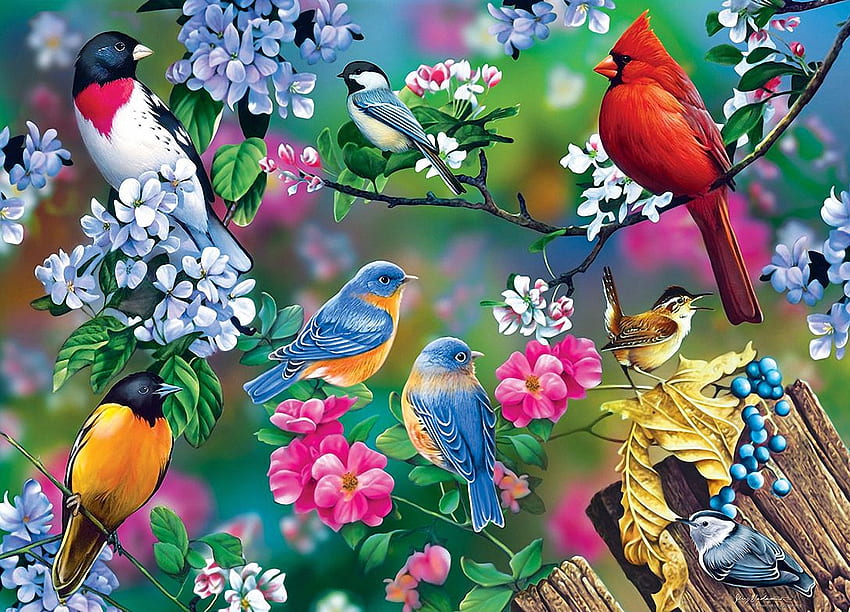 Uccelli primaverili, opere d'arte, uccelli canori, pittura, fiori, albero Sfondo HD
