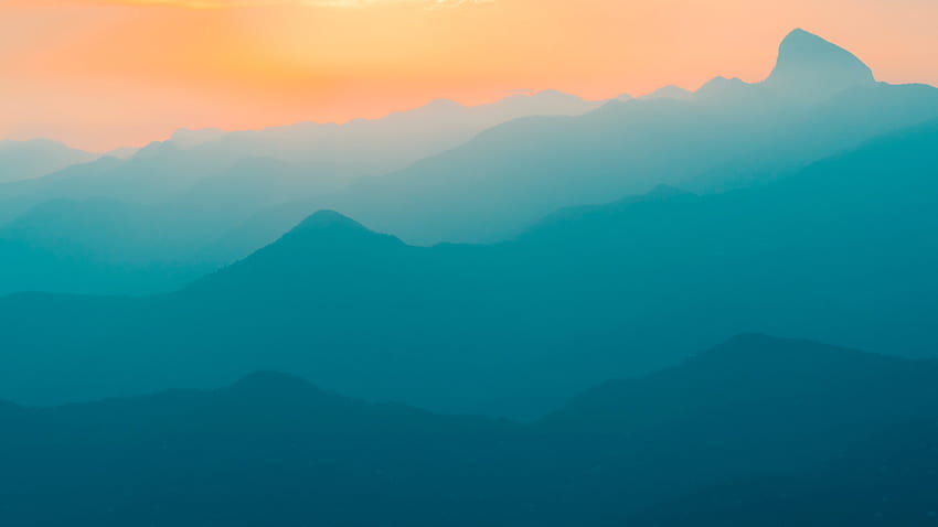 Berge, Nebel, Nebel, Sonnenaufgang, Türkis, Gelber Himmel, Farbverlauf, Landschaft, Landschaft, Natur HD-Hintergrundbild