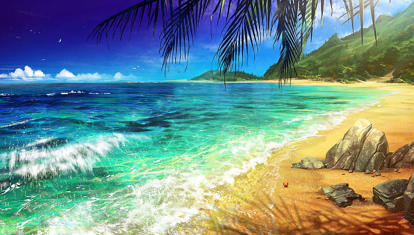 Kunst, Strand, Meer, Palme, Brandung HD-Hintergrundbild