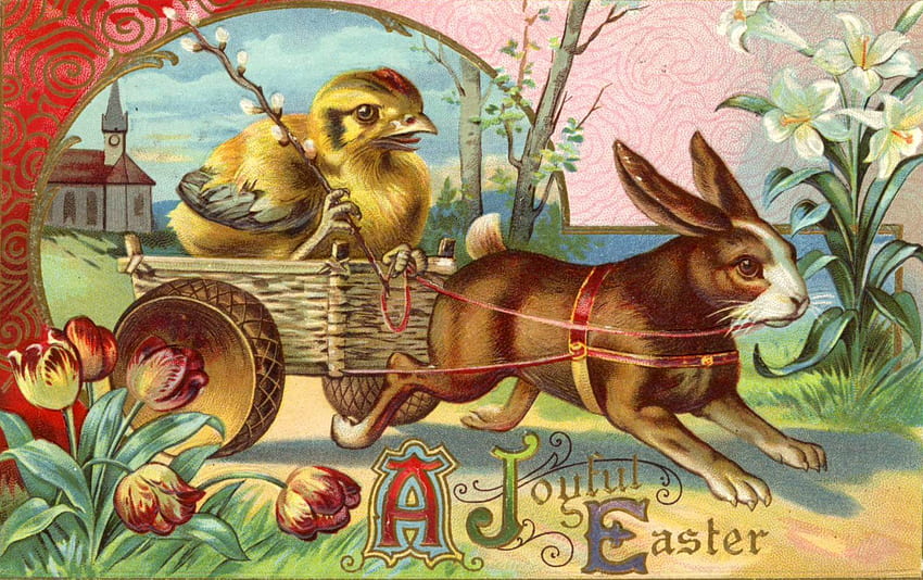 :), rabbit, vintage, umbrella, bird, parasol, bunny, brown, red, yellow, chick, card, easter, pasari HD wallpaper