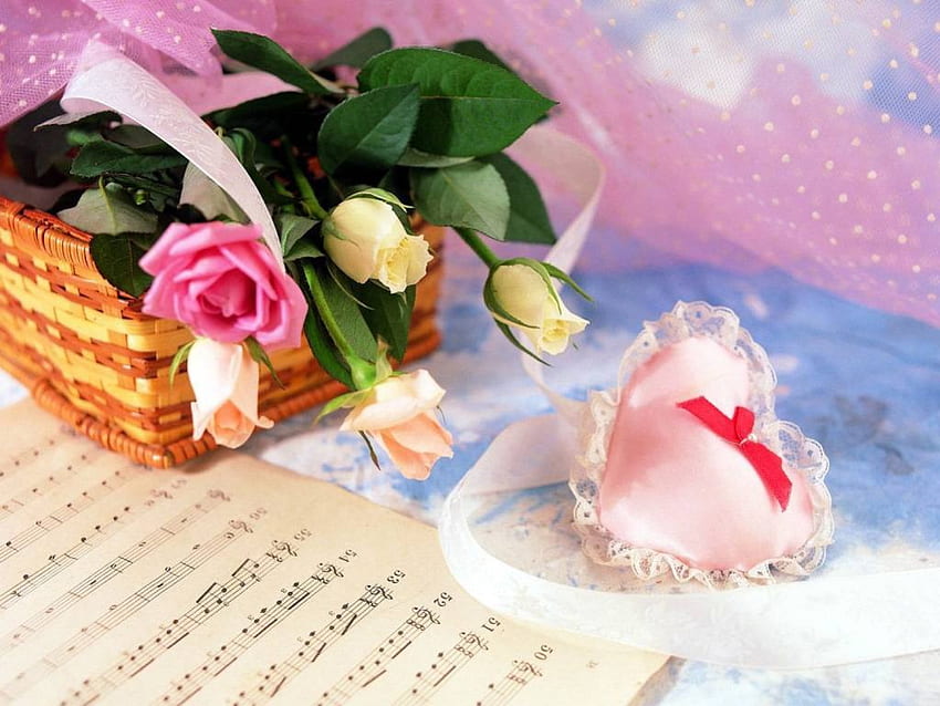 Roses and Heart Pillow, heart pillow, music sheet, roses, cane basket HD wallpaper