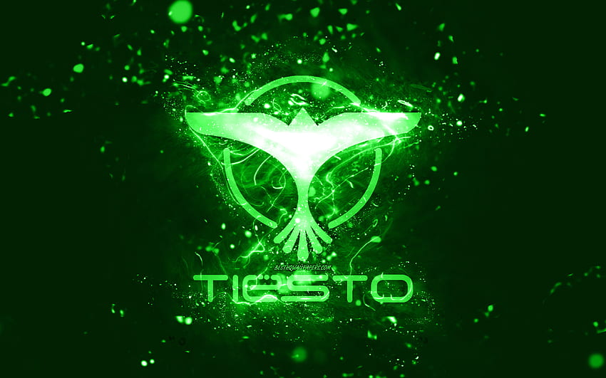 Grünes Tiesto-Logo, niederländische DJs, grüne Neonlichter, kreativer, grüner abstrakter Hintergrund, DJ Tiesto-Logo, Tijs Michiel Verwest, Tiesto-Logo, Musikstars, DJ Tiesto HD-Hintergrundbild
