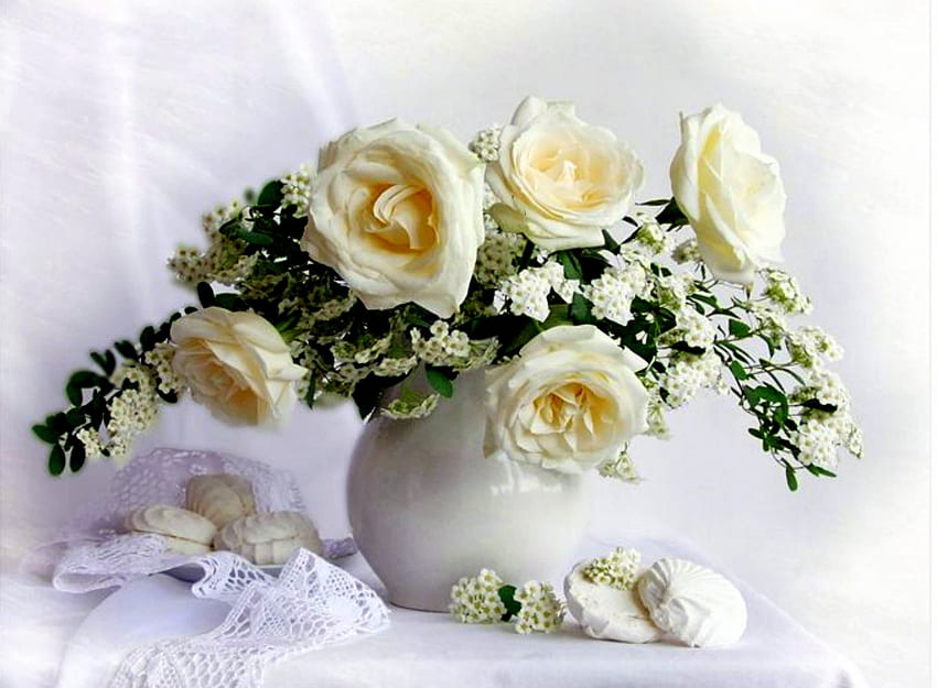 Creamy, spirea, roses, vase, lace, still life, white vase, cream roses, flowers, cookies HD wallpaper