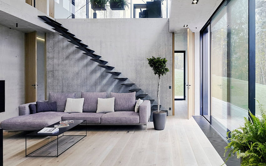 stylish modern design, living room, duplex apartment, loft style, black steps without railings, living room loft style, living room idea HD wallpaper