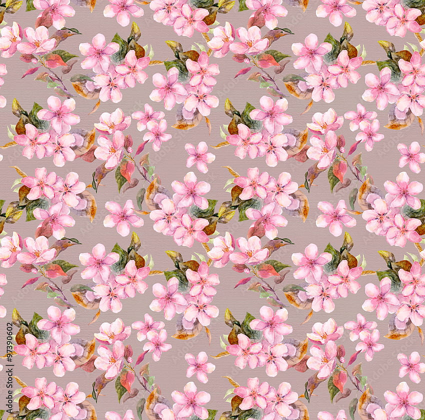 แอปเปิ้ลสีชมพูวินเทจ, เชอร์รี่(ซากุระ) ดอกไม้ ดอกไม้ไร้รอยต่อ Retro aquarelle on grey background Stock Illusion, Vintage Cherry วอลล์เปเปอร์ HD