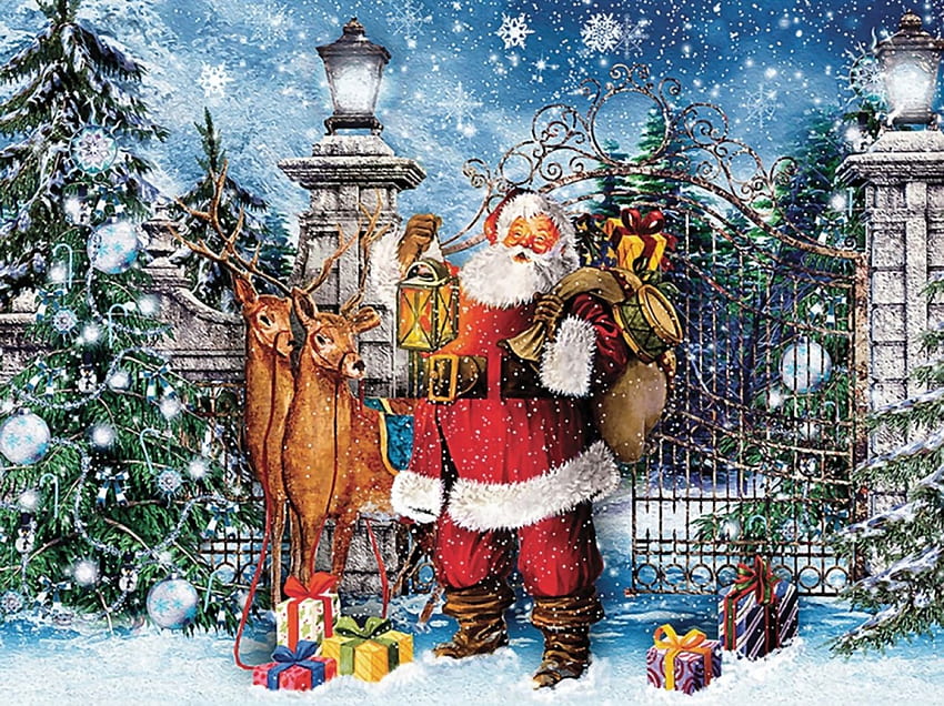 Papá Noel en la puerta F1C, invierno, diciembre, arte, hermoso, ilustración, obras de arte, paisaje, ocasión, ancha, feriado, reno, pintura, Papá Noel, Navidad, nieve, ciervo fondo de pantalla