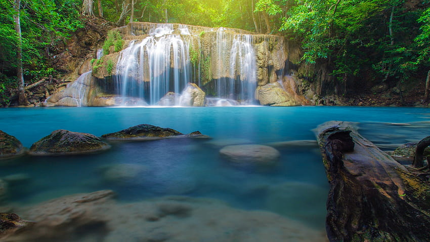 Tropischer Wasserfall, Kaskaden, Fluss, Wasser, Felsen, Bäume HD-Hintergrundbild