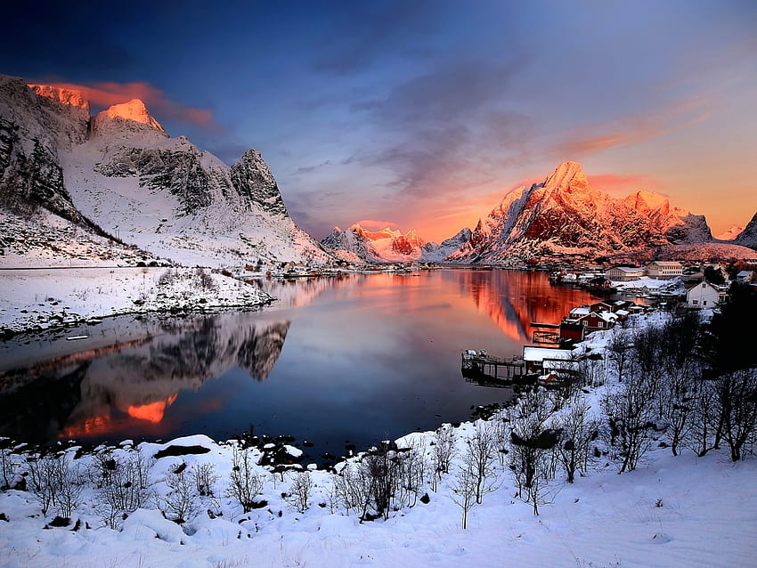 Winter Sunset, winter, snow, nature, houses, mountains, lake, sunset HD wallpaper