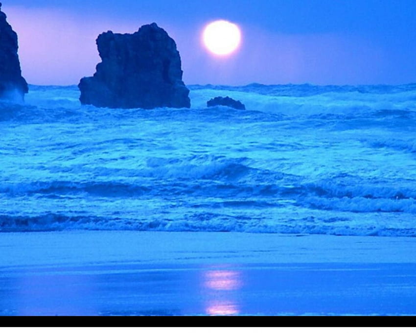 blue sunset, blue, sand, setting, water, sun, beach HD wallpaper