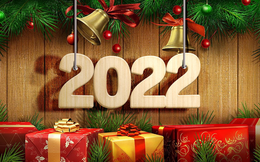 2022 drewniane cyfry 3D, numery podwiązek, ozdoby świąteczne, szczęśliwego nowego roku 2022, drewniane tła, koncepcje 2022, nowy rok 2022, 2022 na drewnianym tle, cyfry roku 2022 Tapeta HD