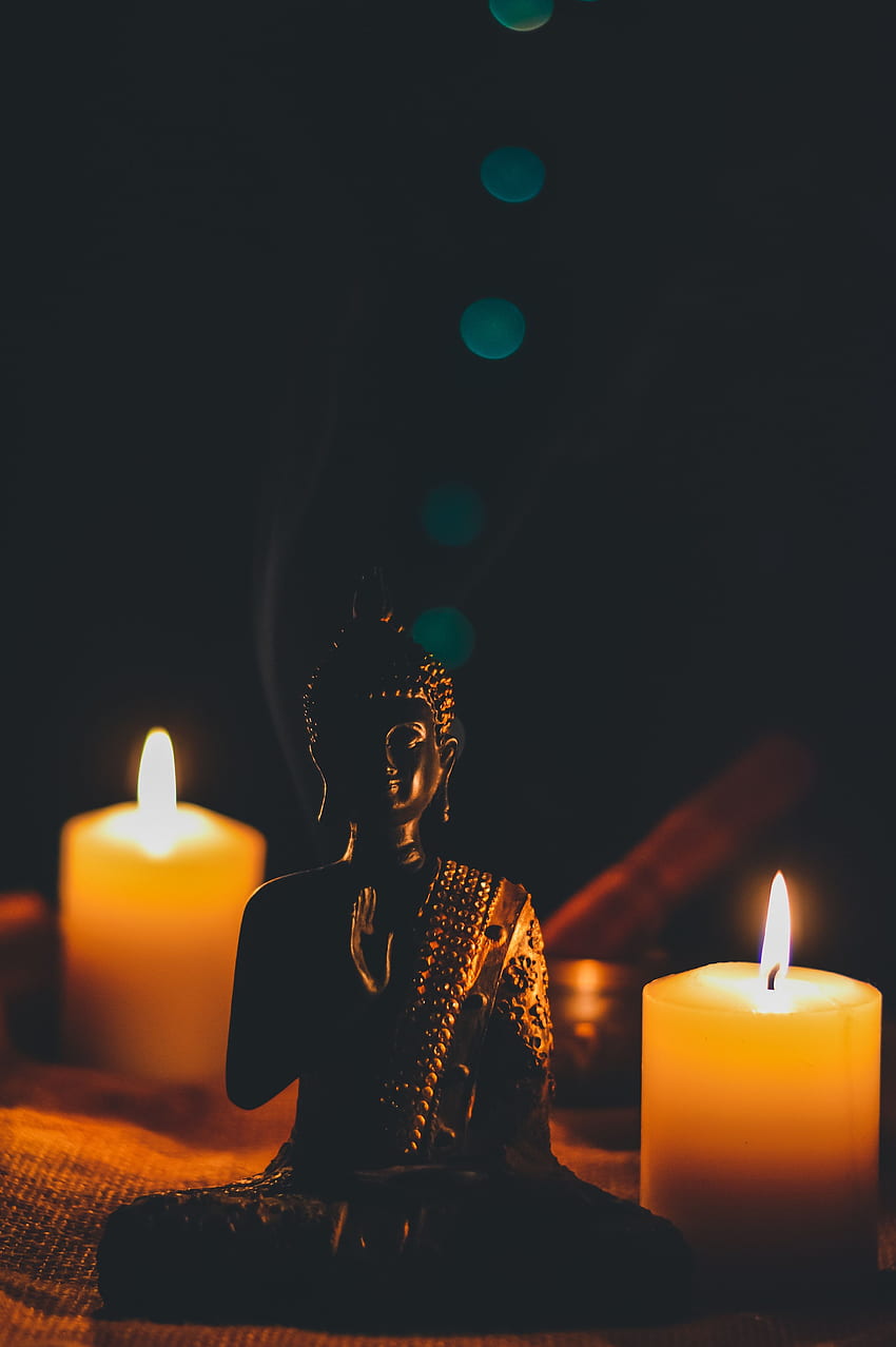 Свещи, Буда, Тъмно, Будизъм, Статуетка, Хармония HD тапет за телефон