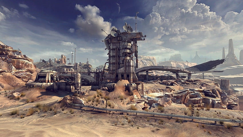 clouds, ruins, station, deserts, rocks, apocalypse, pipes, satellite dish HD wallpaper