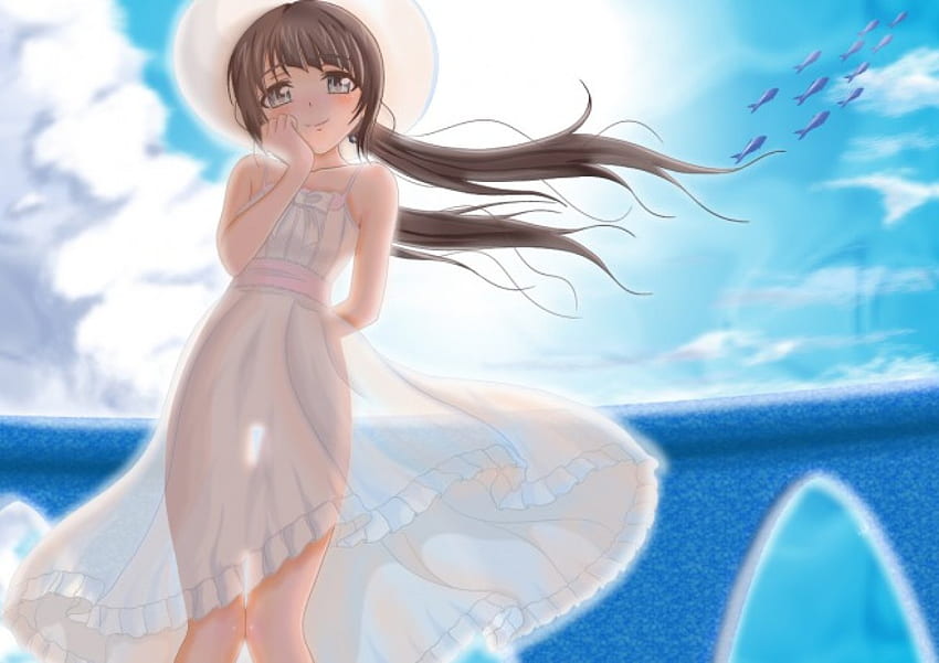The Ocean, glow, blue white, cute, twin tails, long hair, dress, shining, twintails, shine, adorable, windy, spendid, hat, ocean, female, sundress, sweet, sea, twintail, girl, kawaii, blow, anime girl, anime, blowing, brown hair, sky, twin tail, lovely HD wallpaper