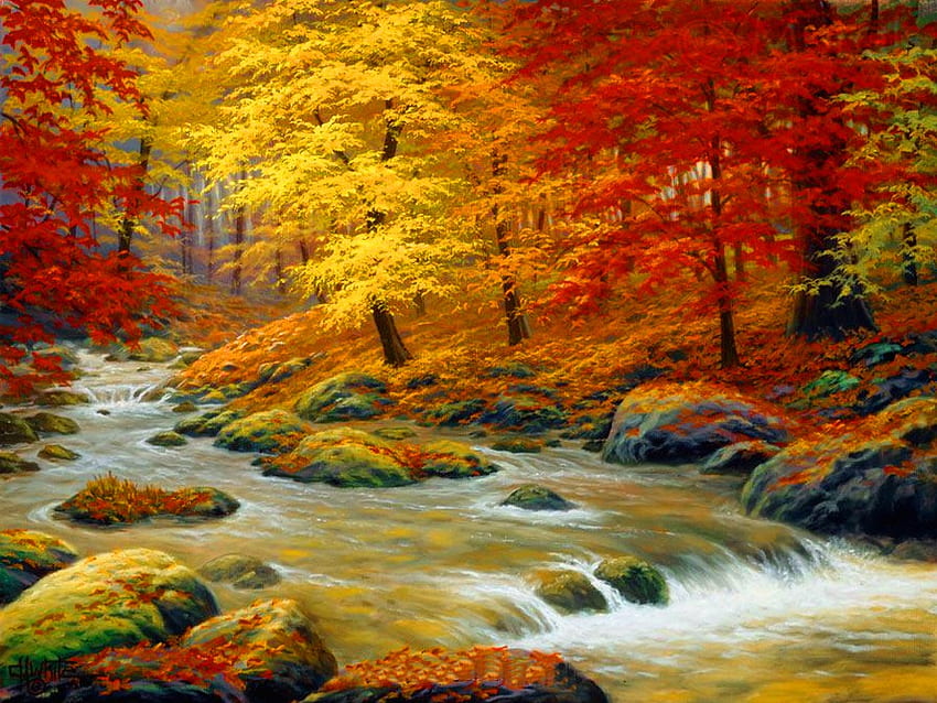 Pastel autumn, river, pastel, colorful, fall, colors, stones, leaves, autumn, stream HD wallpaper
