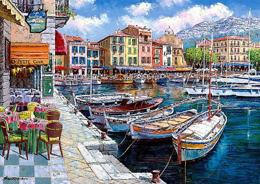 Cafe in Cassis, artwork, boats, France, houses, harbor HD wallpaper
