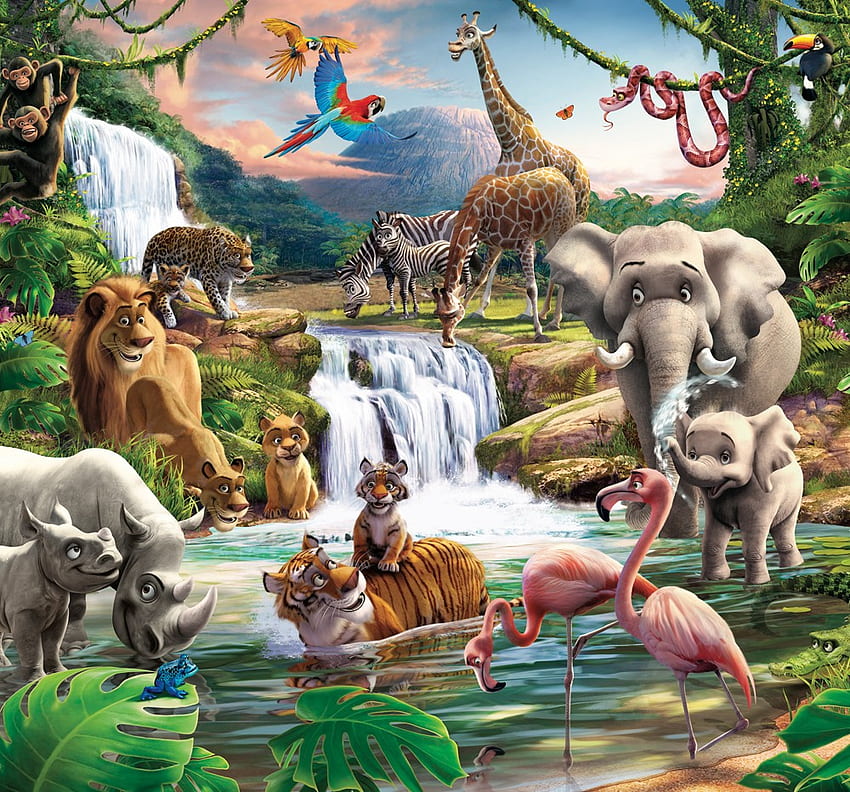 Kindertier - Dschungel mit vielen Tieren - & Hintergrund, Safaritiere HD-Hintergrundbild
