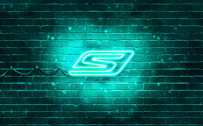 Skechers turquoise logo, , turquoise brickwall, Skechers logo, brands, Skechers neon logo, Skechers HD wallpaper