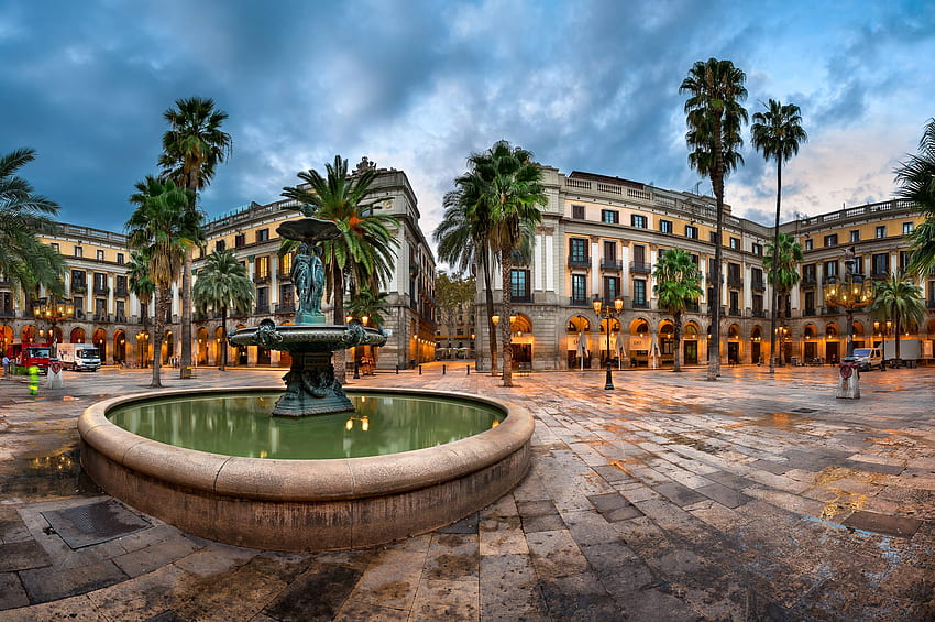 Spanien, Häuser, Brunnen, Skulpturen, Straße, Palma, Straße, Lichter, Barcelona, ​​Katalonien, Städte / und mobiler Hintergrund HD-Hintergrundbild