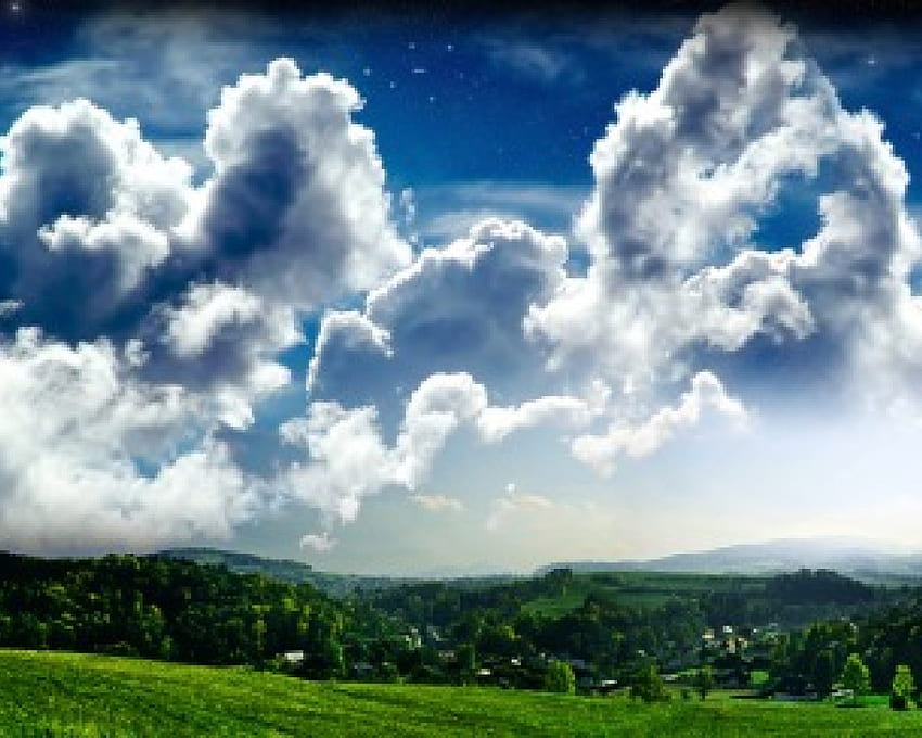 Hill View, niebieski, zielony, chmury, niebo, wzgórze Tapeta HD