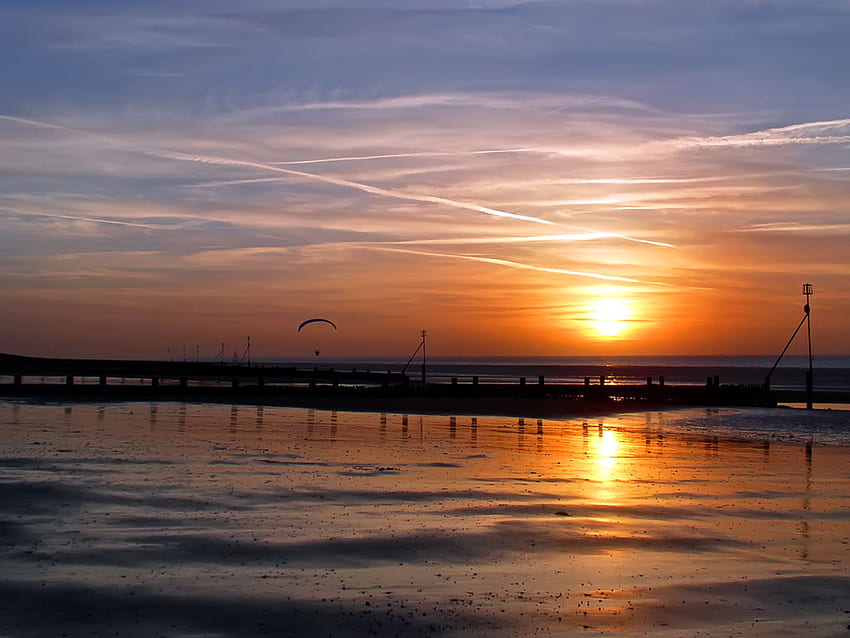 Sunset Paraglider, water, paraglider, sunset, beach HD wallpaper