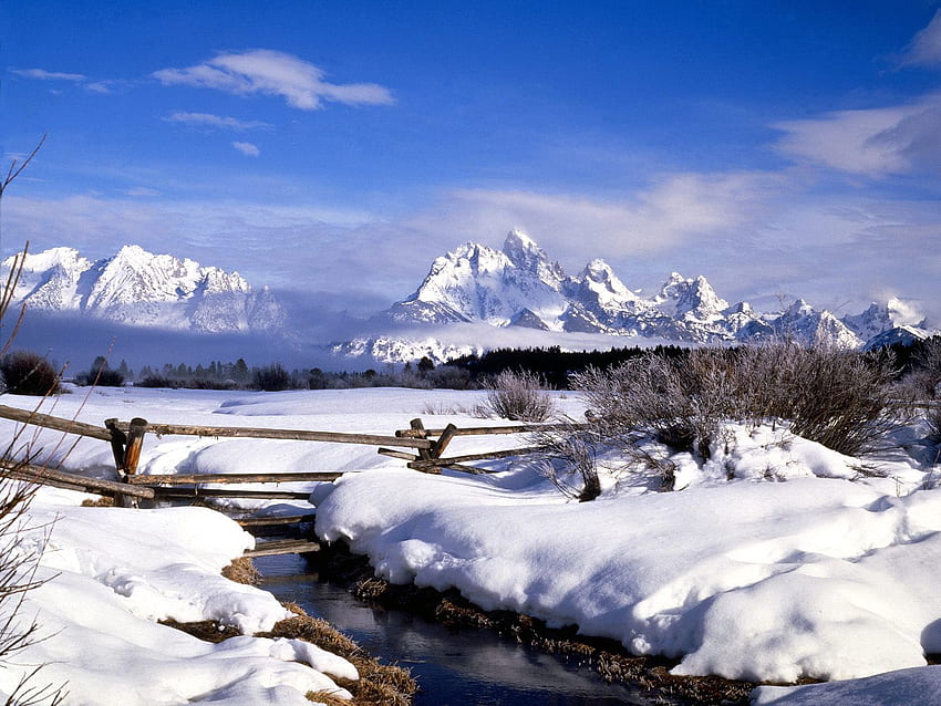 Winter, Nature, Mountains, Snow, Fog, Fence, Creek, Brook HD wallpaper